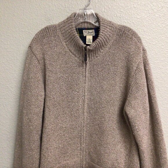 LL Bean Sweater Mens Lamb’s Wool Full Zip Flannel Lined Jacket Medium Tall Beige - Picture 6 of 10